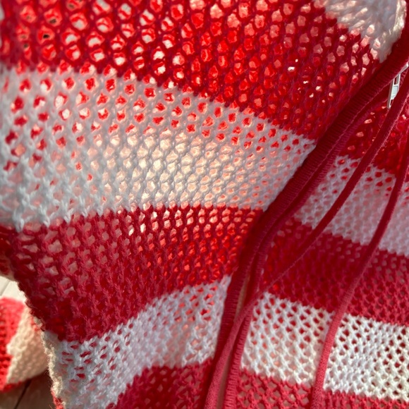 Quacker Factory Zip Up Hooded Mesh Jacket Beach Cover Up Sz L Pink White Stripe - Picture 3 of 11